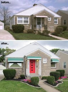 before and after pictures of a house with red front door, green shutters and white trim