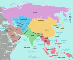 a map of asia with all the countries and their major cities on it's borders