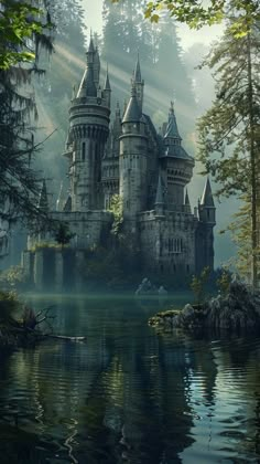 an image of a castle in the middle of the forest with water and trees around it