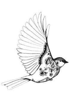 a black and white drawing of a bird with flowers on it's wings, flying