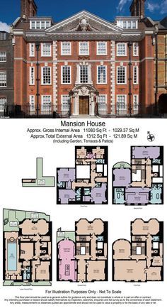 the mansion house floor plan is shown in three different colors and features two floors, four windows