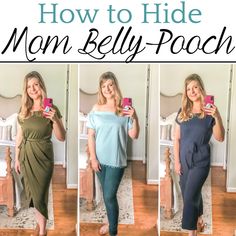 Flattering Dresses Tummy, How To Dress With A Mommy Pooch, Postpartum Office Outfits, Frumpy Mom Outfits, Flattering Outfits For Mom Pooch, Mom Tummy Outfit, Flattering Postpartum Outfits, Belly Hiding Outfits Summer, Mommy Tummy Outfits