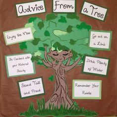 a bulletin board with an image of a tree and words on it that say advice from a tree