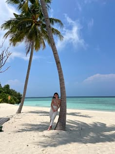 a woman leaning against a palm tree on the beach