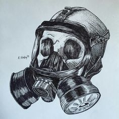 a drawing of a skull wearing a gas mask with two goggles on it's face