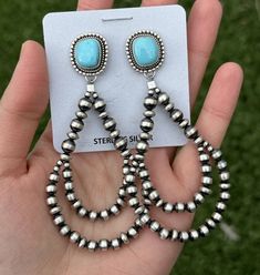 Navajo 925 Sterling Silver Turquoise Pearl Double Loop Earrings. 3.5 Inch AP Navajo Pearl Earrings, Loop Earrings, Turquoise Beads, Silver Turquoise, Turquoise Sterling Silver, Turquoise Jewelry, Sterling Silber, Jewelry Earrings Dangle, Dangle Drop Earrings