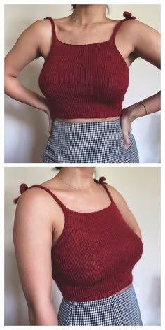 two pictures of a woman wearing a red tank top and checkered skirt with her hands on her hips