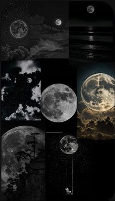 the full moon is shown in black and white, with many different images on it