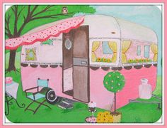 a painting of a pink trailer parked in the grass