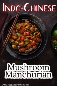 Overhead view of a vegan mushroom manchurian in a bowl with chopsticks. Manchurian Recipes, Mushroom Manchurian, Mushroom Recipes Indian, Recipes Gluten Free Dinner, Manchurian Dry, Food Recipes Gluten Free, Indian Samosas, Chinese Side Dishes, Chinese Mushrooms