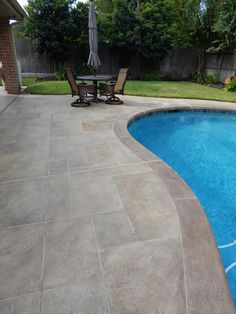 a backyard with a pool and patio furniture