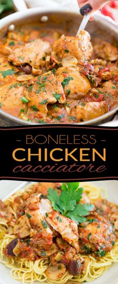 chicken cacciatore with mushrooms and parsley in a pan