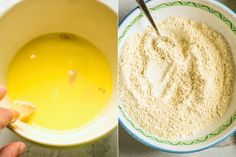 two pictures side by side one shows mixing ingredients in a bowl and the other shows baking