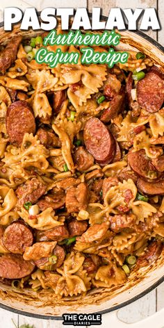 the pasta dish has pepperoni, sausage and green onions in it with text overlay