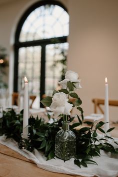 White roses, Candles, Bud Vases, Wedding Table Styling Wedding Table Styling, Creative Floral Design, Modern Wedding Table, Philly Wedding, Middleton Lodge, Glass Bud Vases, House Weddings, White Dinner