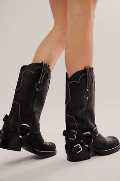 Jeffrey Campbell x FP x Understated Leather Motoboy Boots Country Outfitter Boots, Cowboy Embroidery, Black Biker Boots, Black Cowgirl Boots, Upcoming Fashion Trends, Free People Boots, Black Leather Cowboy Boots, Cowboy Shoes, Chunky Block Heels