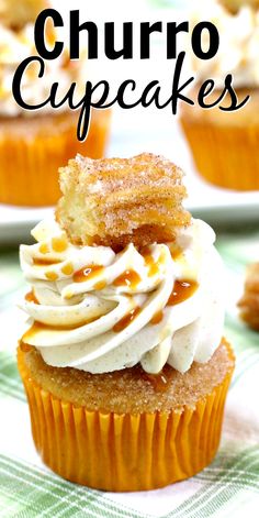 cupcakes with white frosting and caramel drizzled on top