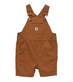 Washed bid shortall with adjustable shoulder straps Triple-stitched main seams Front bib pocket and back dungaree pockets Sewn on Carhartt label on bib pocket Embroidered Carhartt C on back of bibMidweight Mock flyMaterials: 100% cotton canvas Carhartt Baby Girl, Western Baby Clothes, Carhartt Kids, Baby Clothes Country, Carhartt Overalls, Western Babies, Baby Overalls, Brown Fashion