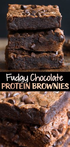 chocolate protein brownies stacked on top of each other