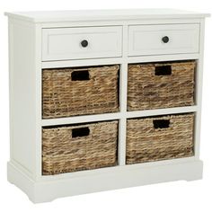 an image of a white dresser with wicker baskets on the top and bottom drawers