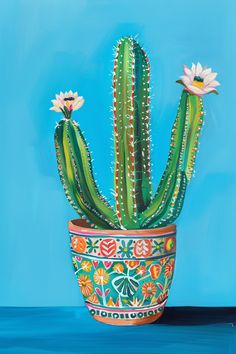 a painting of a cactus with flowers in a pot