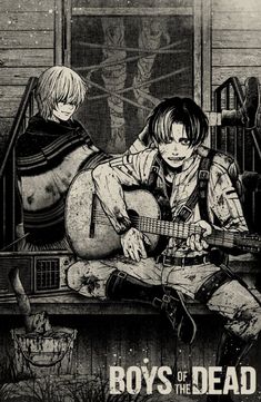 two young boys sitting on top of a bench next to each other with an electric guitar