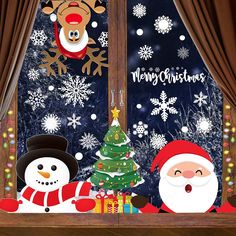 a christmas scene with santa claus and snowman in front of a window decorated for the holiday season