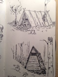 a sketch book with drawings of houses and trees in the woods on top of it