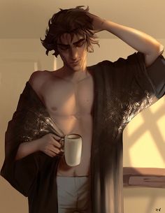 a man with no shirt holding a coffee cup