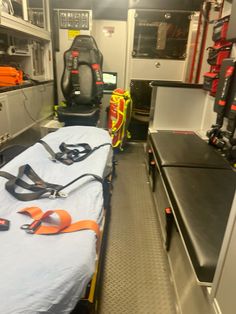 the inside of an ambulance with medical equipment