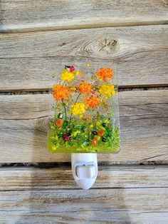 an image of flowers in the grass on a glass night light holder that is attached to a wooden wall