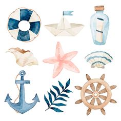 watercolor sea and beach items are arranged in the shape of an anchor, ship wheel, starfish, seashells, sand dollar