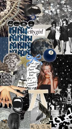 the collage is made up of many different pictures and words, including one woman's hand