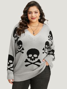 Shop Supersoft Essentials Halloween Skull Print V Neck Pullover at BloomChic. Plus Size Clothing & Plus Size Pullovers. BloomChic is a digital-first fashion and lifestyle destination for modern women sizes 10-30. Cardigans Women, V Neck Pullover, Trendy Sweaters, Halloween Sale, Skull Print, Halloween Skull, Sleeves Pattern, Plus Size Clothing, Cardigans For Women