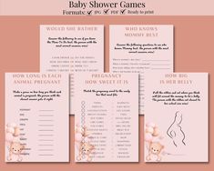 four baby shower games with flowers on the front and back, all in pink tones