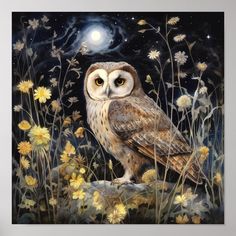 an owl sitting on top of a rock in front of flowers and a full moon