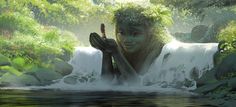 a painting of a woman in the water with her hands up to her face and waterfall behind her