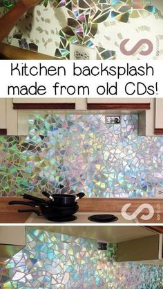 a kitchen backsplash made from old cds is shown in two different pictures and the words, kitchen backsplash made from old cds