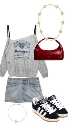 a pair of shorts, sweater and sneakers with a handbag