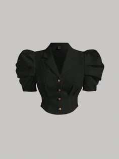 Black Casual Collar Short Sleeve Woven Fabric Plain Shirt,Top Embellished Slight Stretch  Women Plus Clothing Black Puff Sleeve Top, Plain Shirt, Solid Color Shirt, Plus Size Summer, Plain Shirts, Color Shorts, Plus Size Blouses, Black Casual, Plus Size Tops