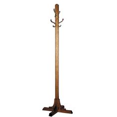 a wooden coat rack with three coats on it's sides and two hooks hanging from the