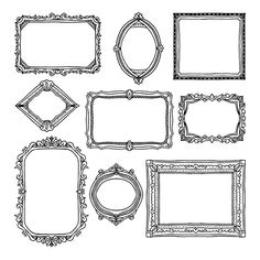 a set of ornate frames with decorative ornaments on the edges, hand drawn in black and white