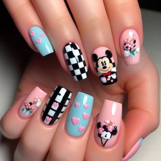 Get ready to channel your inner Disney fan with these adorable Mickey Mouse accent nail art! Paired with chic black and white checkered patterns, complemented by pops of pink and light blue, these nails are sure to turn heads. Whether you're headed to a theme park or just want to add a touch of whimsy to your look, this nail art design is guaranteed to attract attention and spark conversation. Get ready to showcase your love for all things fun and fashionable with this playful nail art inspiration! Disney Park Nails, Accent Nail Art, Mouse Nails, Mickey Mouse Illustration, Minnie Mouse Nails, Accent Nail, Simple Nail Art Designs