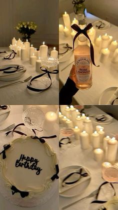 a table with candles and a cake on it