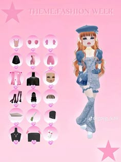 an image of a doll with clothes and accessories on it's back side, in front of a pink background