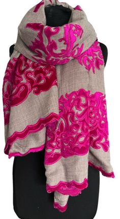 This is a beautiful fully reversible shawl woven from Merino Wool. It is inside stitched together and has a stunning design of FUSCHIA PINK Velvet Applique stitched on to a Natural colour base with Fuschia Pink on the reverse in merino fabric. CONTENT: 100% Merino Wool &  Velvet Applique COLOUR: NATURAL BASE & FUSCHIA PINK VELVET APPLIQUE with FUSCHIA PINK MERINO on reverse of the shawl SIZE: 70 x 200cms BRAND: VISHANA Woven in Kashmir  Dry Clean Only Velvet Applique, Applique Stitches, Fuschia Pink, Fuchsia Pink, Pink Velvet, Shawls And Wraps, Scarf Wrap, Merino Wool, Scarf Accessory