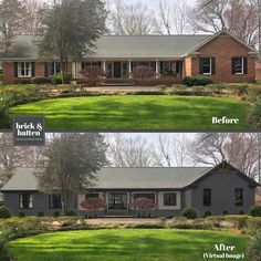 before and after pictures of a brick ranch house with green grass in the front yard