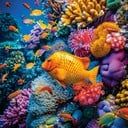 an underwater scene with colorful corals and tropical fish