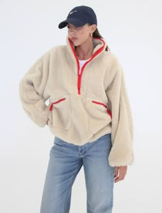 Sun Valley Sherpa | Ecru Hoodie Under Jacket Outfit, White Sherpa Jacket Outfit, Sherpa Outfit, Winter Ski Fashion, White Sherpa Jacket, Red Fleece Jacket, Fisherman Aesthetic, Plane Rides