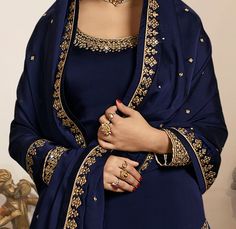 Navy Blue Designer Embroidered Silk Kurti Style Lehenga-Saira's Boutique Navy Blue Pakistani Suit, Navy Blue Lehenga Makeup Look, Navy Blue Pakistani Dress, Zari Embroidery Designs, Kurti Embroidery Design Hand Work, Hand Work Embroidery Suits, Resham Work Embroidery, Hand Embroidery Motifs, Hand Work Suit